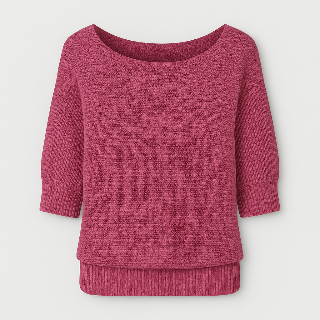 Knit top with relaxed fit, scoop neckline, and ribbed cuffs designed for versatile casual wear