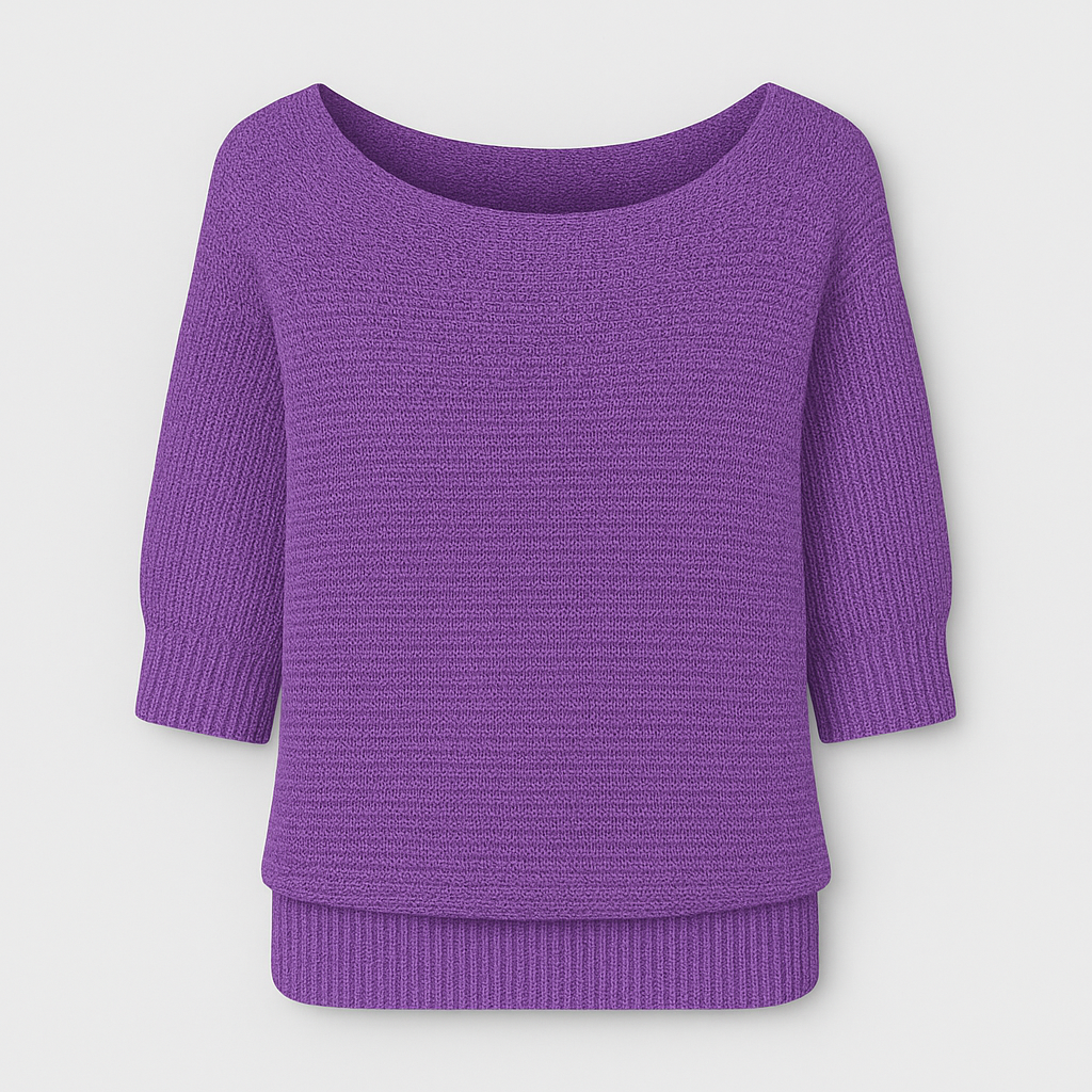 Knit top with relaxed fit, scoop neckline, and ribbed cuffs designed for versatile casual wear