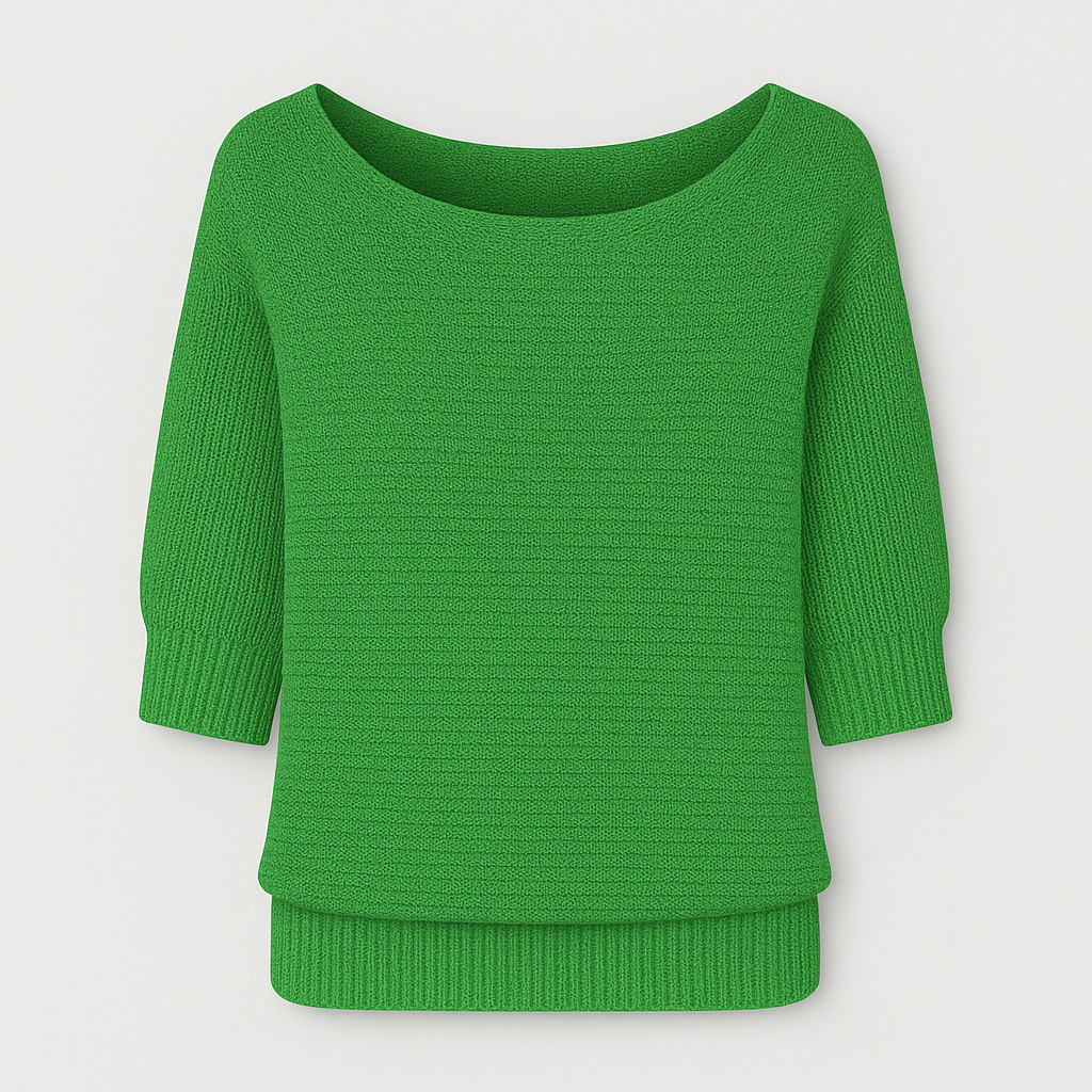 Knit top with relaxed fit, scoop neckline, and ribbed cuffs designed for versatile casual wear