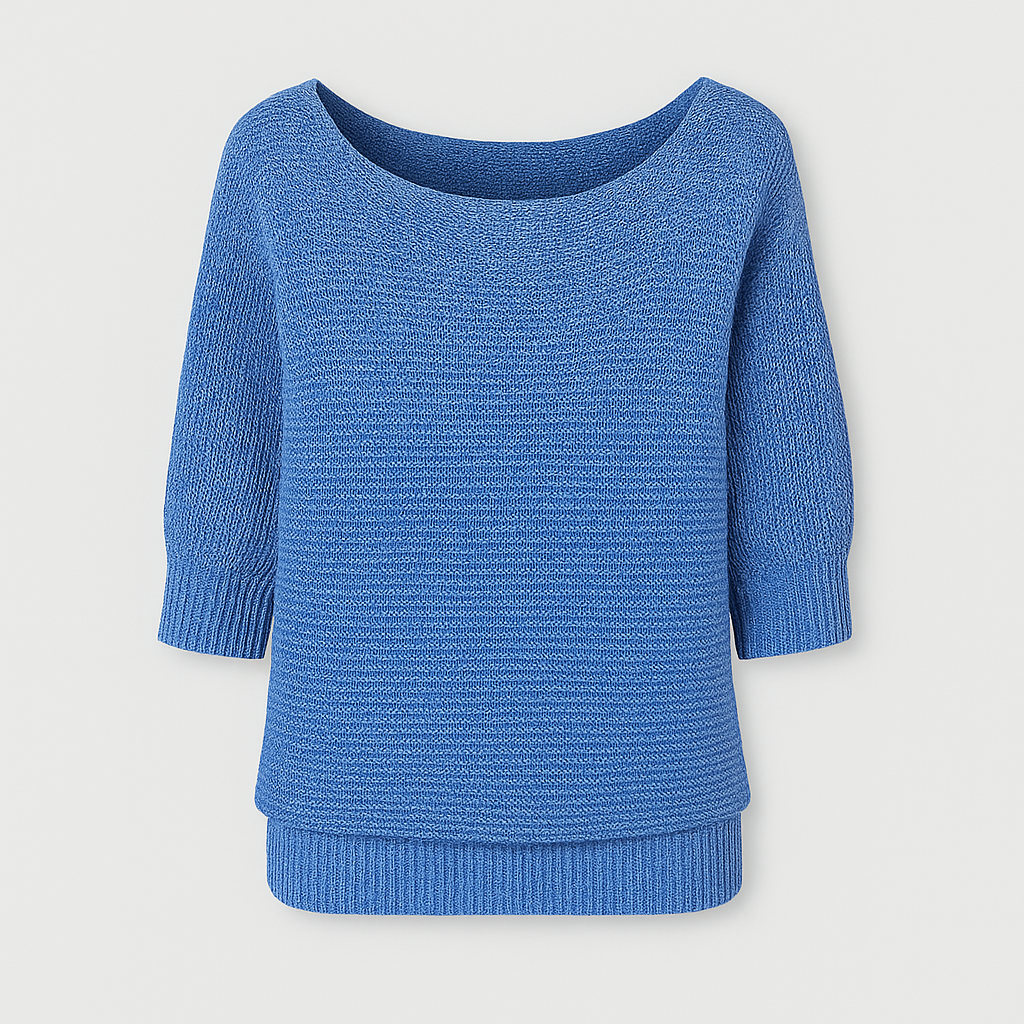 Knit top with relaxed fit, scoop neckline, and ribbed cuffs designed for versatile casual wear