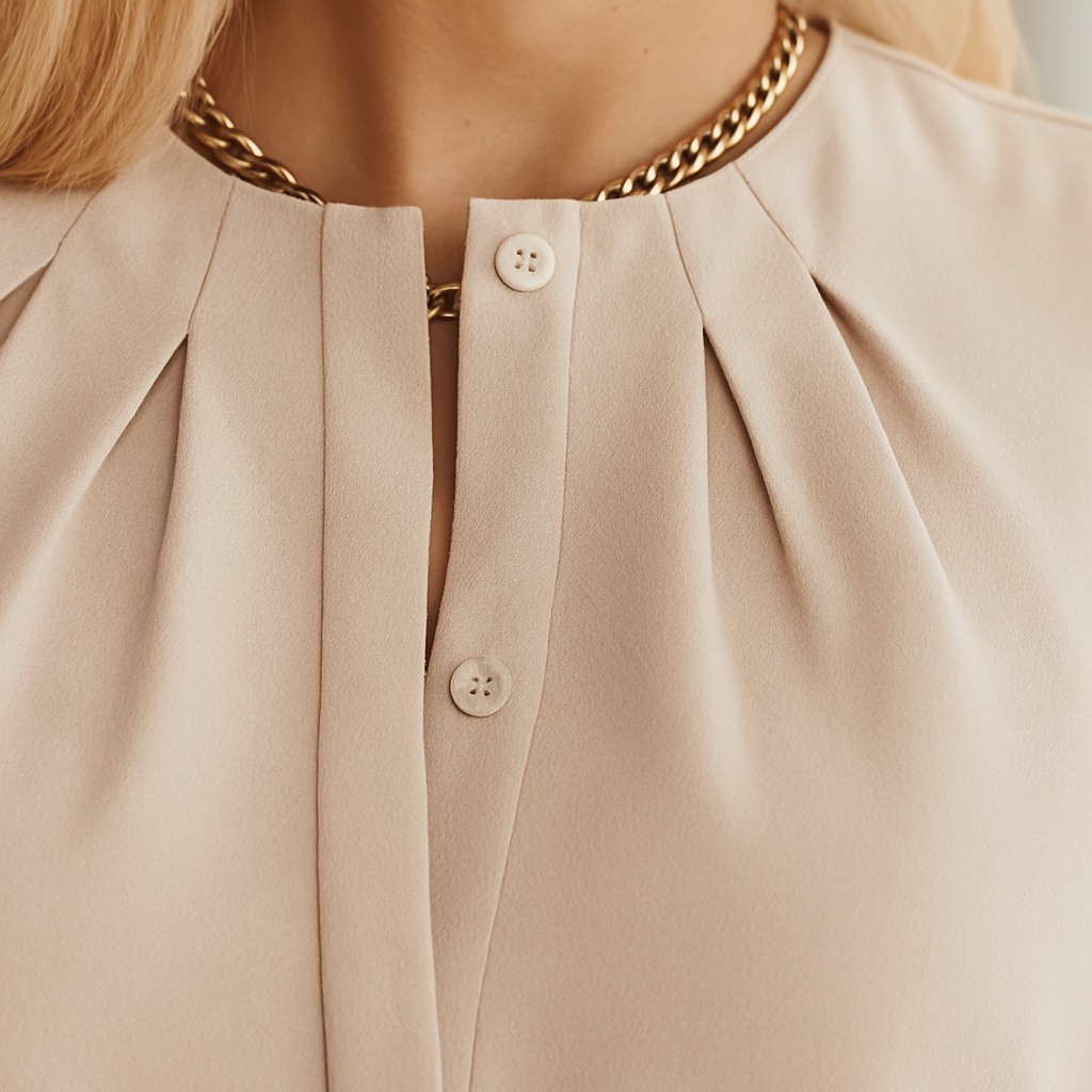 Pleated blouse with round neckline, subtle button-front, and long gathered sleeves