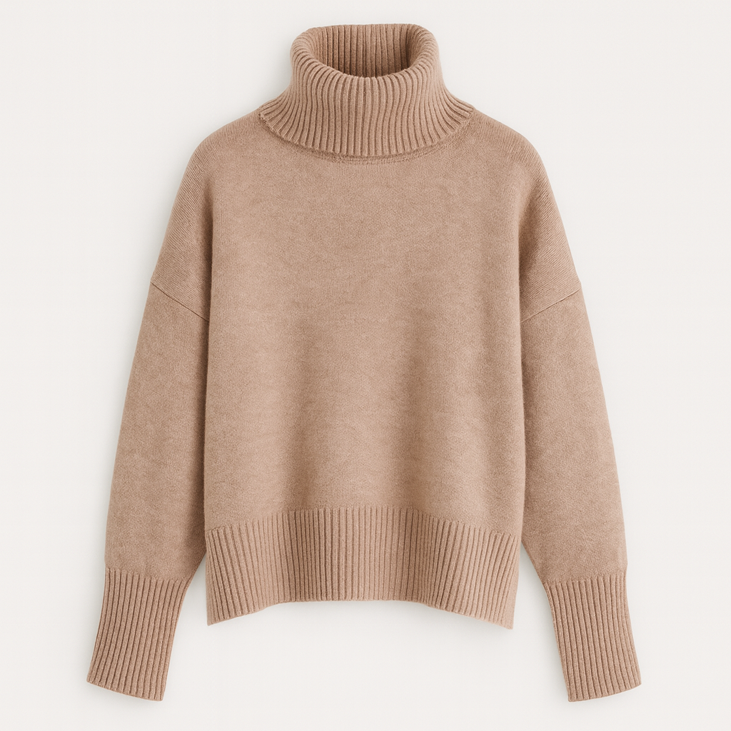 Oversized turtleneck sweater with dropped shoulders, long sleeves, and ribbed cuffs and hem, styled for casual cozy wear