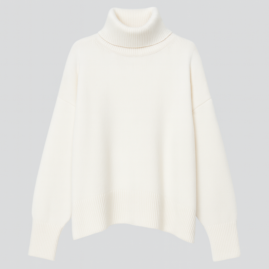 Oversized turtleneck sweater with dropped shoulders, long sleeves, and ribbed cuffs and hem, styled for casual cozy wear