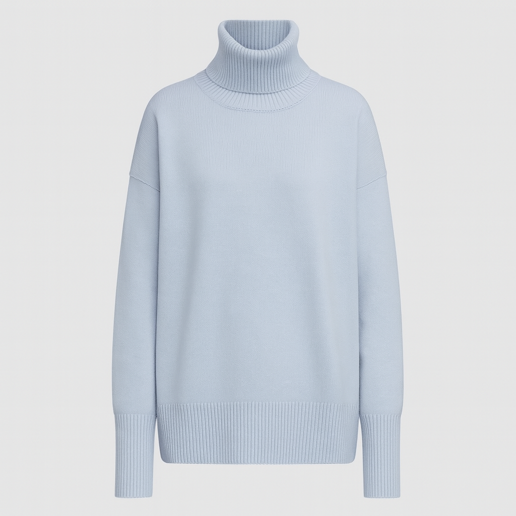 Oversized turtleneck sweater with dropped shoulders, long sleeves, and ribbed cuffs and hem, styled for casual cozy wear