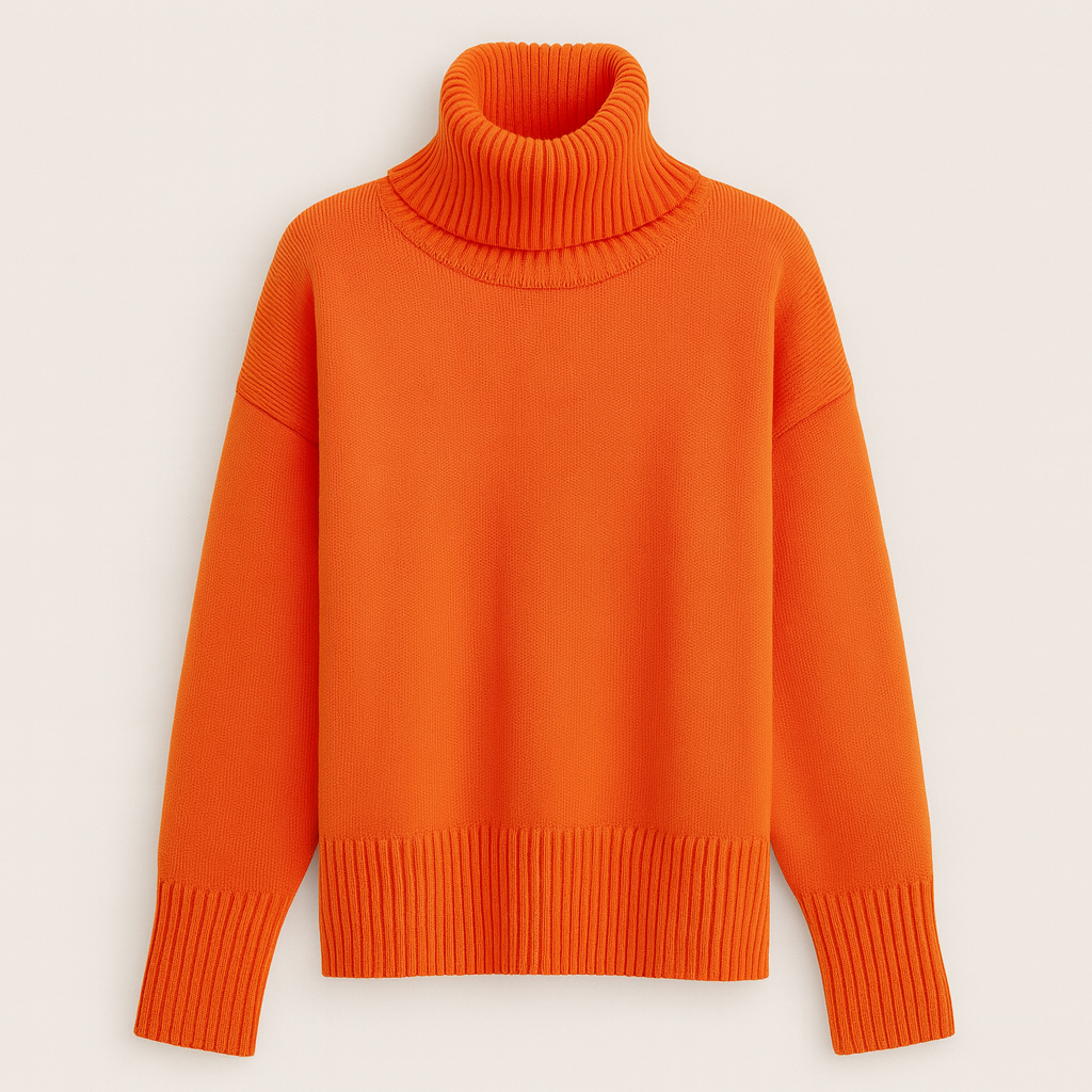 Oversized turtleneck sweater with dropped shoulders, long sleeves, and ribbed cuffs and hem, styled for casual cozy wear