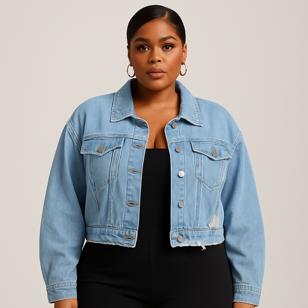 A cropped denim jacket with long sleeves, a point collar, button closure, and distressed hem.