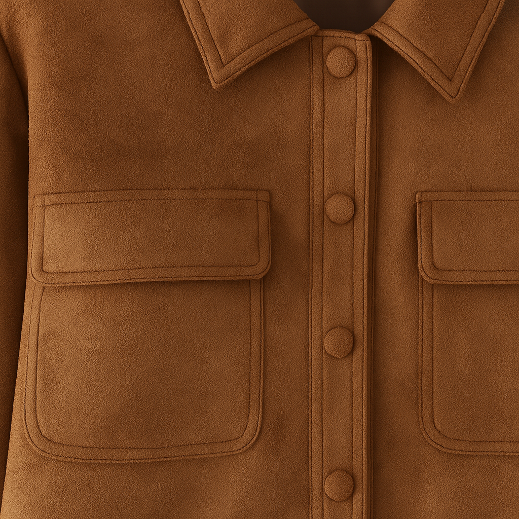 Faux suede jacket with shirt collar and front flap pockets, styled for casual and chic layered looks