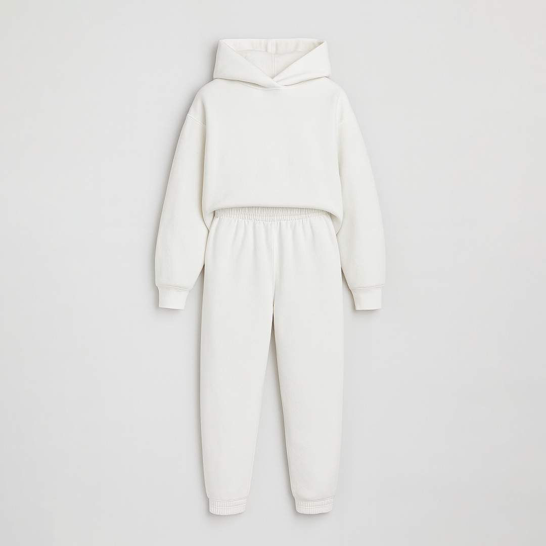 Hoodie lounge set with oversized sweatshirt and elastic waist pants, styled for cozy modern wear
