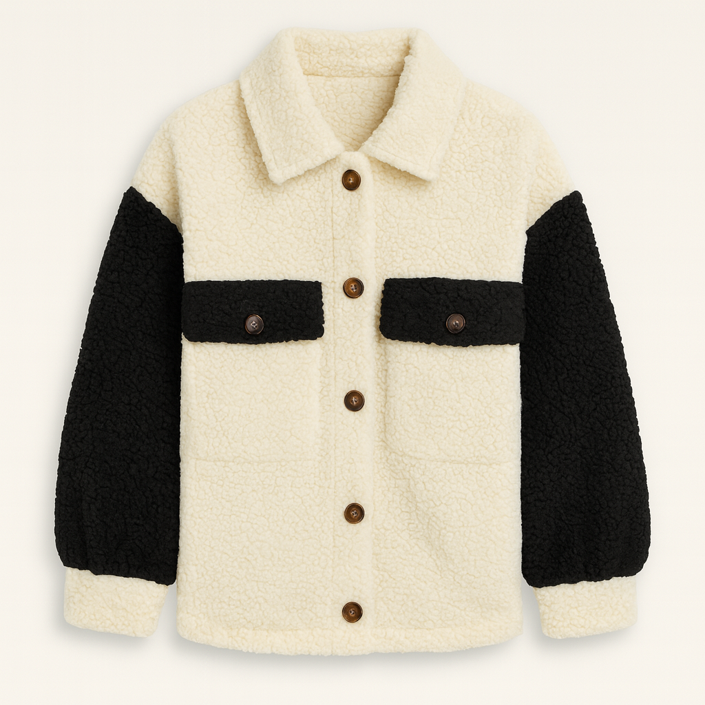 Button-up sherpa jacket with a pointed collar, two flap chest pockets, and long sleeves.