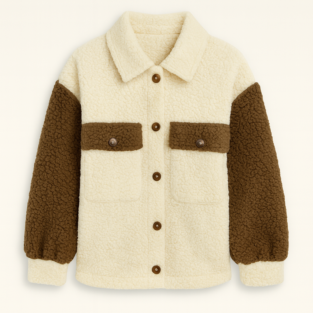 Button-up sherpa jacket with a pointed collar, two flap chest pockets, and long sleeves.