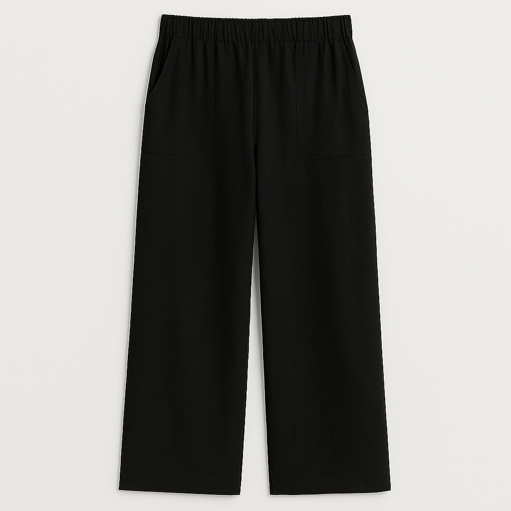 Wide-leg lounge pants with elastic waist and front patch pockets.