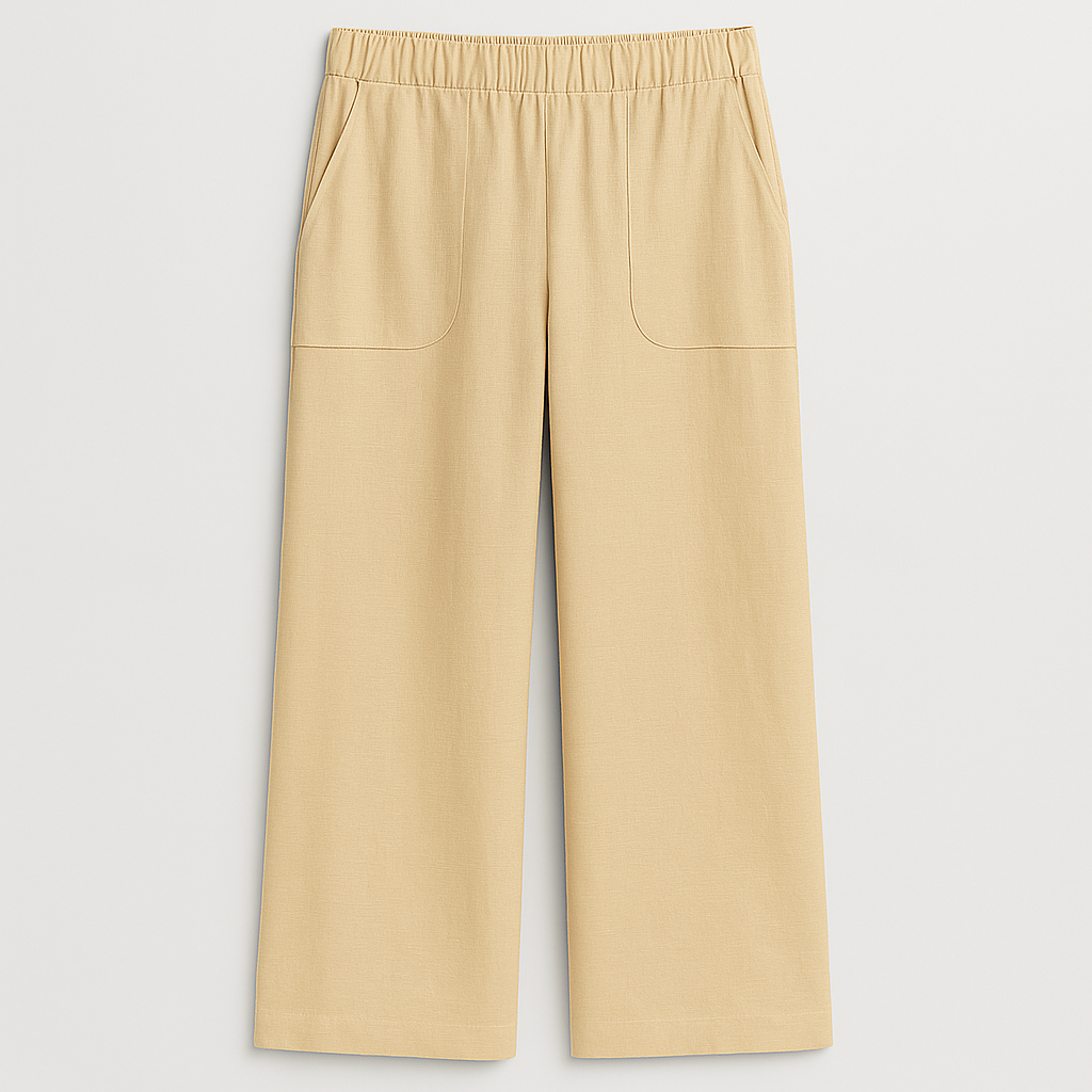 Wide-leg lounge pants with elastic waist and front patch pockets.