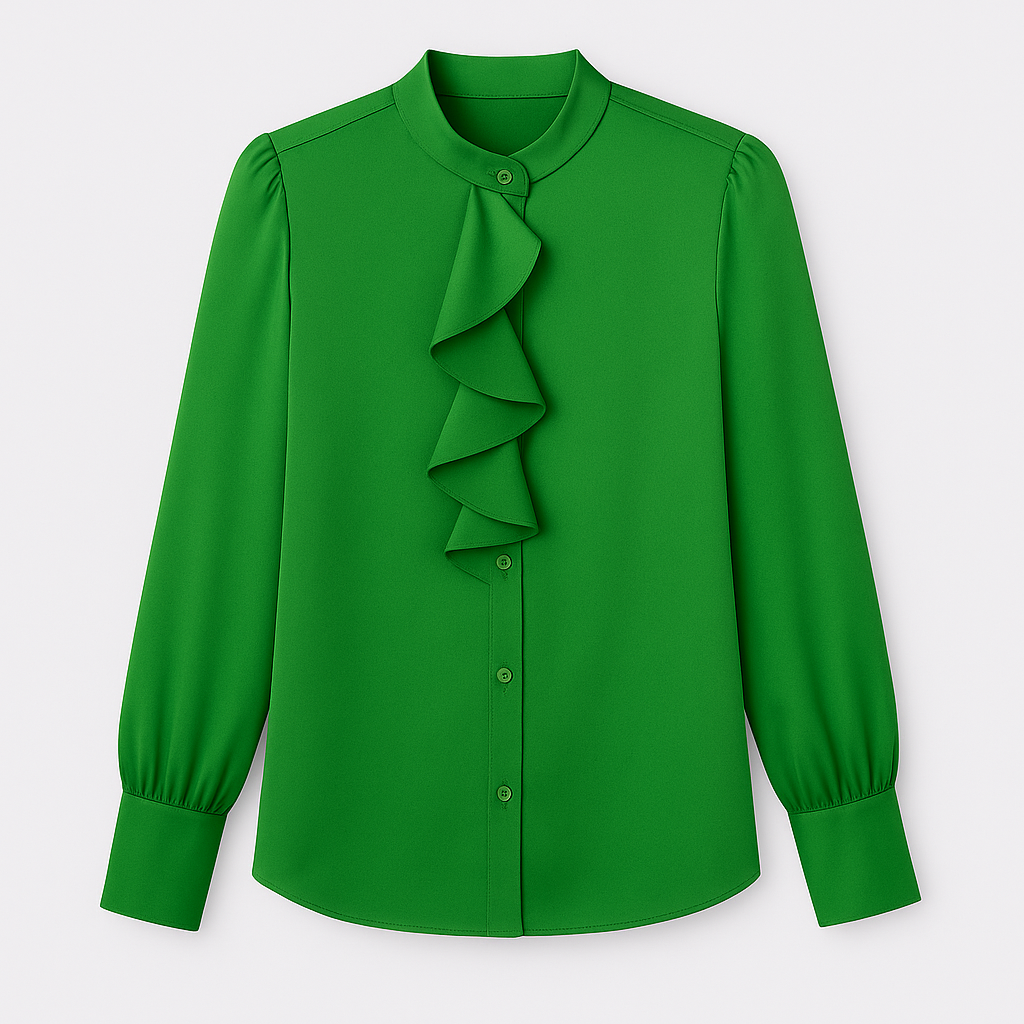 Satin blouse with high collar, cascading front ruffle, and long sleeves.