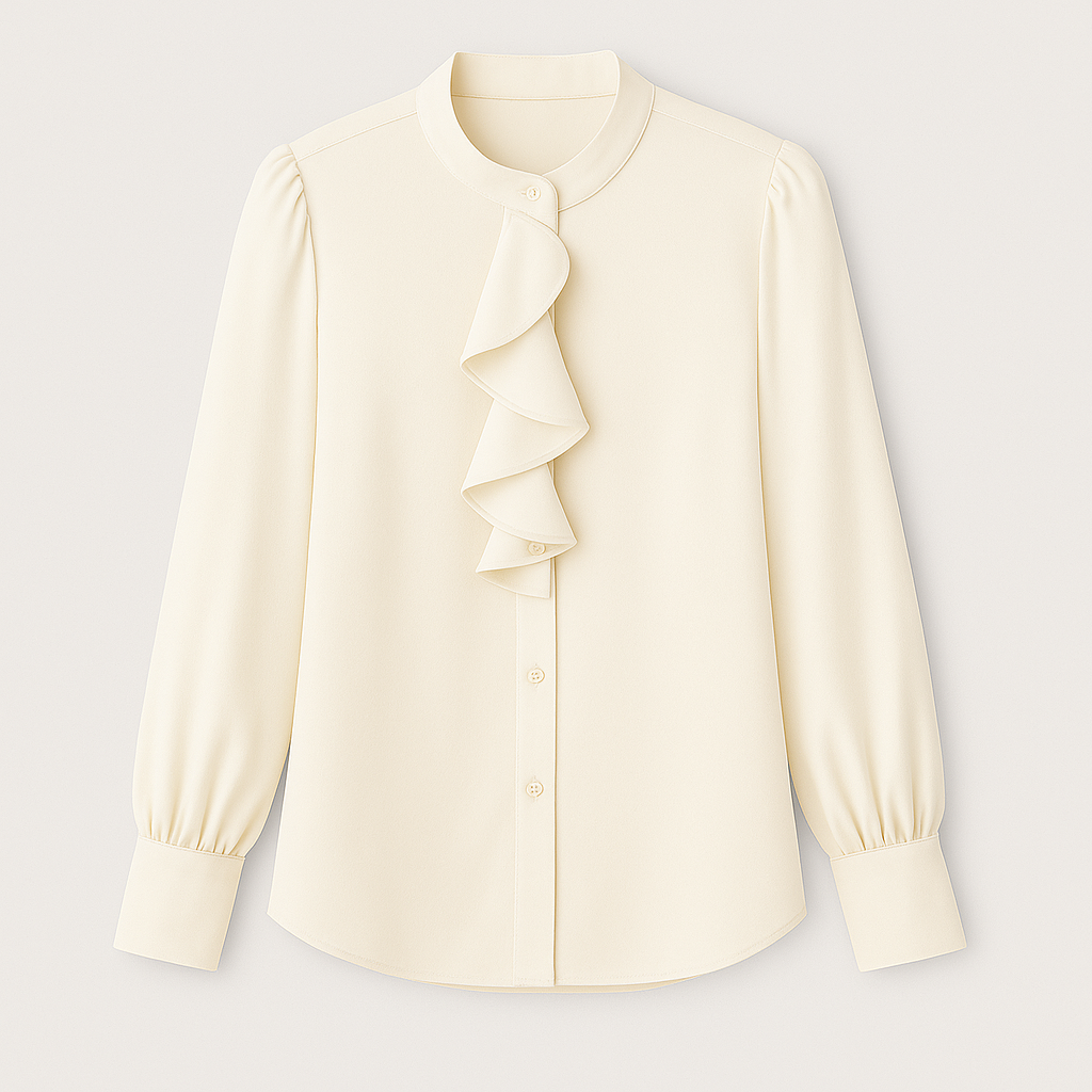 Satin blouse with high collar, cascading front ruffle, and long sleeves.