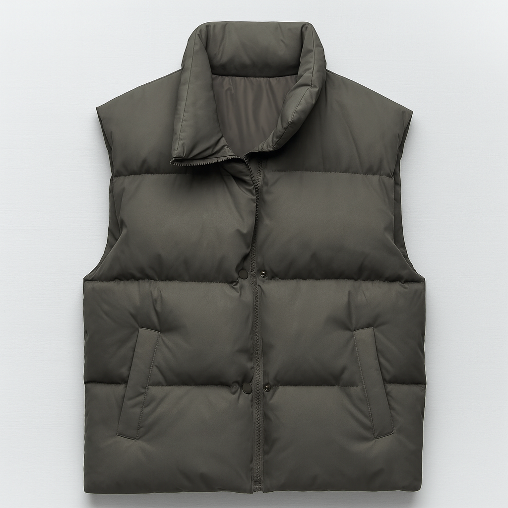 Minimalist quilted puffer vest with a high collar, front zipper, and angled side pockets, displayed flat on a light background.