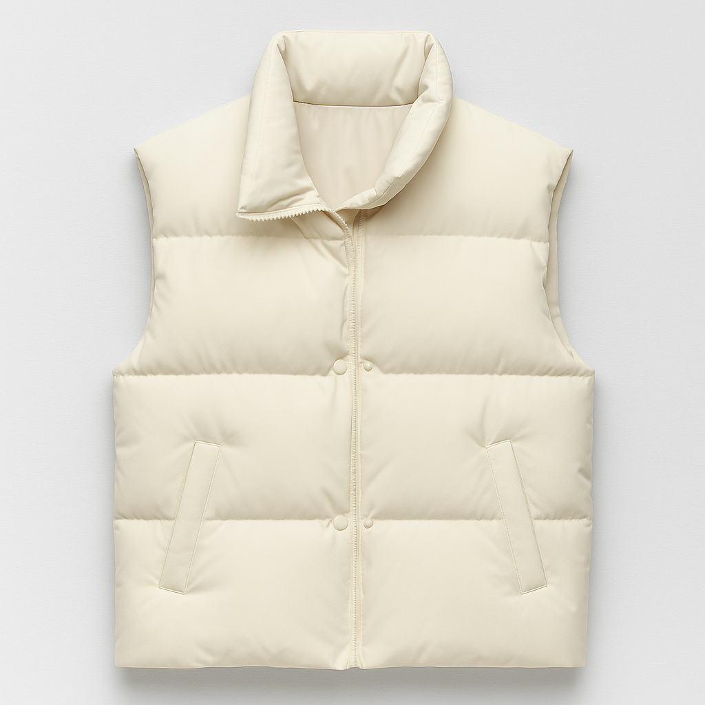 Minimalist quilted puffer vest with a high collar, front zipper, and angled side pockets, displayed flat on a light background.