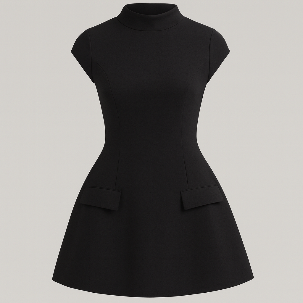 Short-sleeve mini dress with round neckline, fitted bodice, and flared skirt with front flap details.