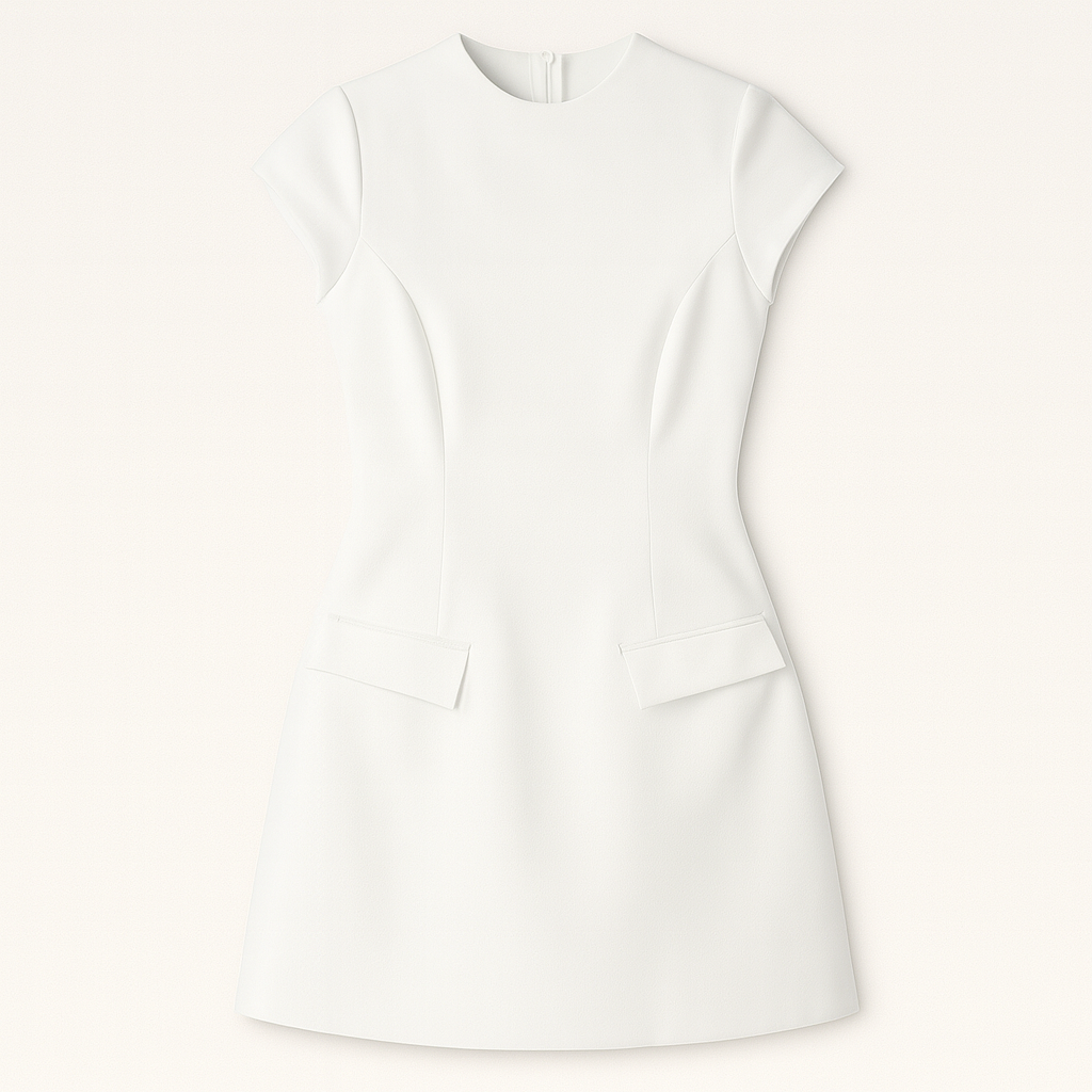 Short-sleeve mini dress with round neckline, fitted bodice, and flared skirt with front flap details.