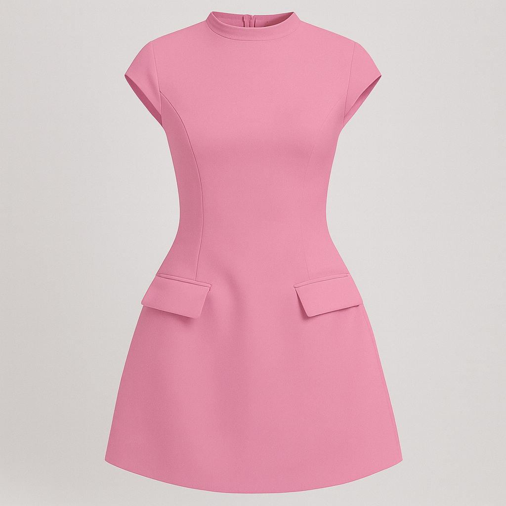 Short-sleeve mini dress with round neckline, fitted bodice, and flared skirt with front flap details.