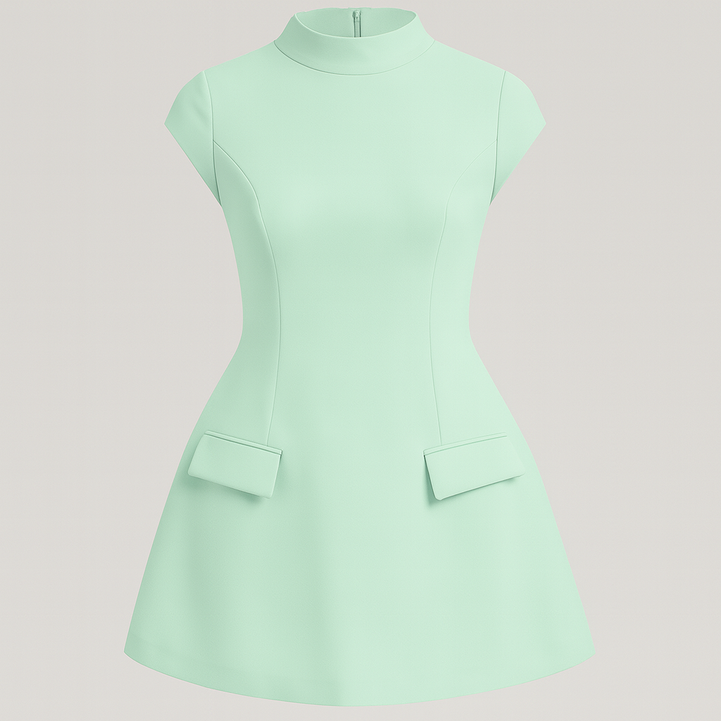 Short-sleeve mini dress with round neckline, fitted bodice, and flared skirt with front flap details.