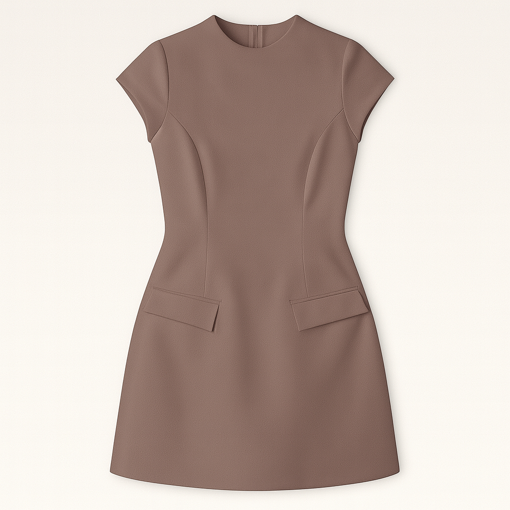 Short-sleeve mini dress with round neckline, fitted bodice, and flared skirt with front flap details.
