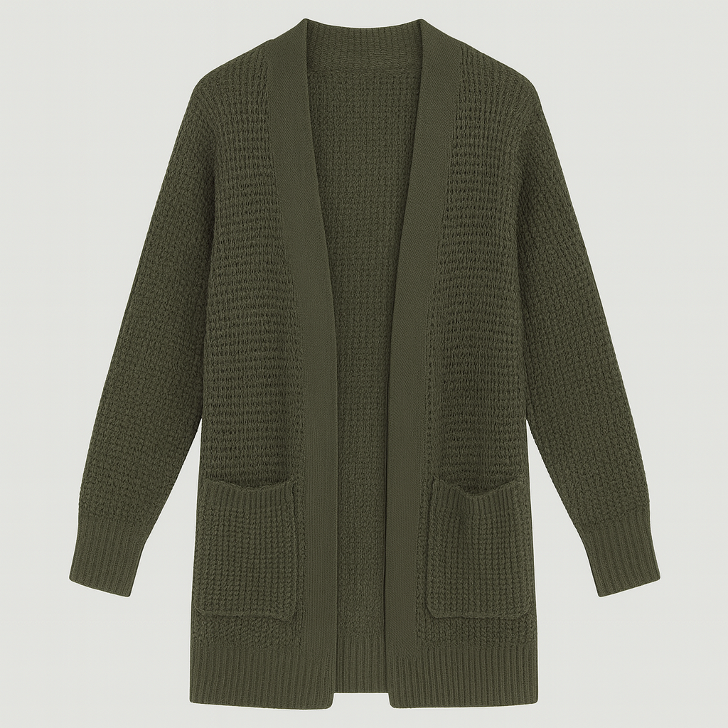 Open-front waffle knit cardigan with long sleeves, ribbed trim, and front patch pockets, designed for casual layering
