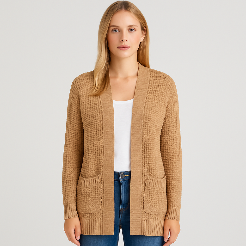 Open-front waffle knit cardigan with long sleeves, ribbed trim, and front patch pockets, designed for casual layering