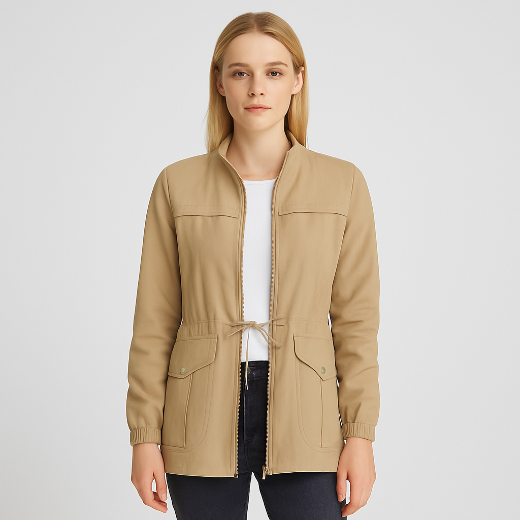 Utility jacket with front zip closure, drawstring waist, flap pockets, and elastic cuffs.