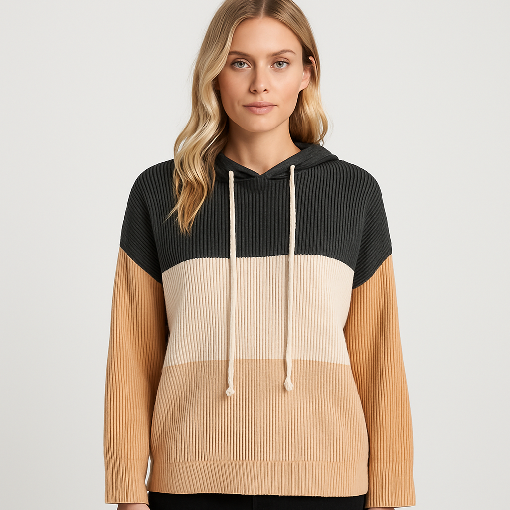 A ribbed knit colorblock hoodie in black, beige, and caramel with long sleeves.