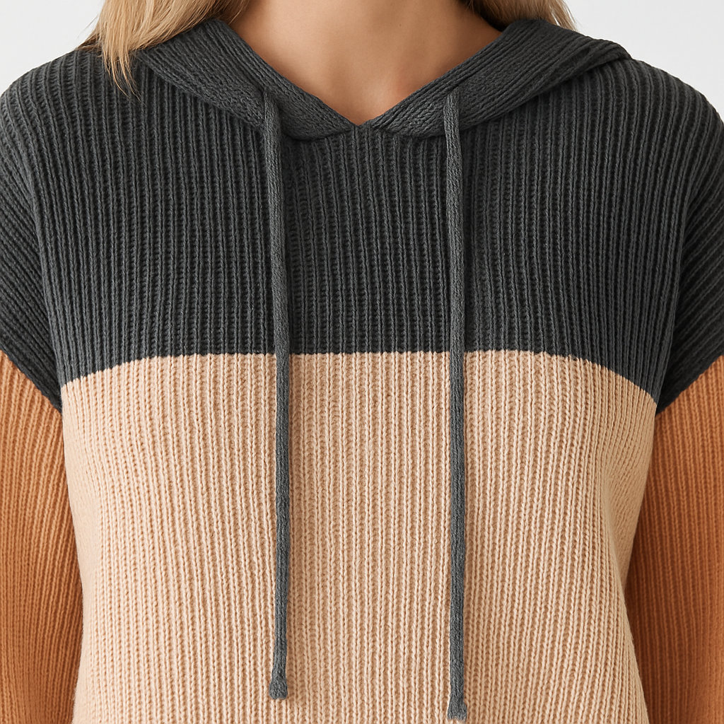 A ribbed knit colorblock hoodie in black, beige, and caramel with long sleeves.