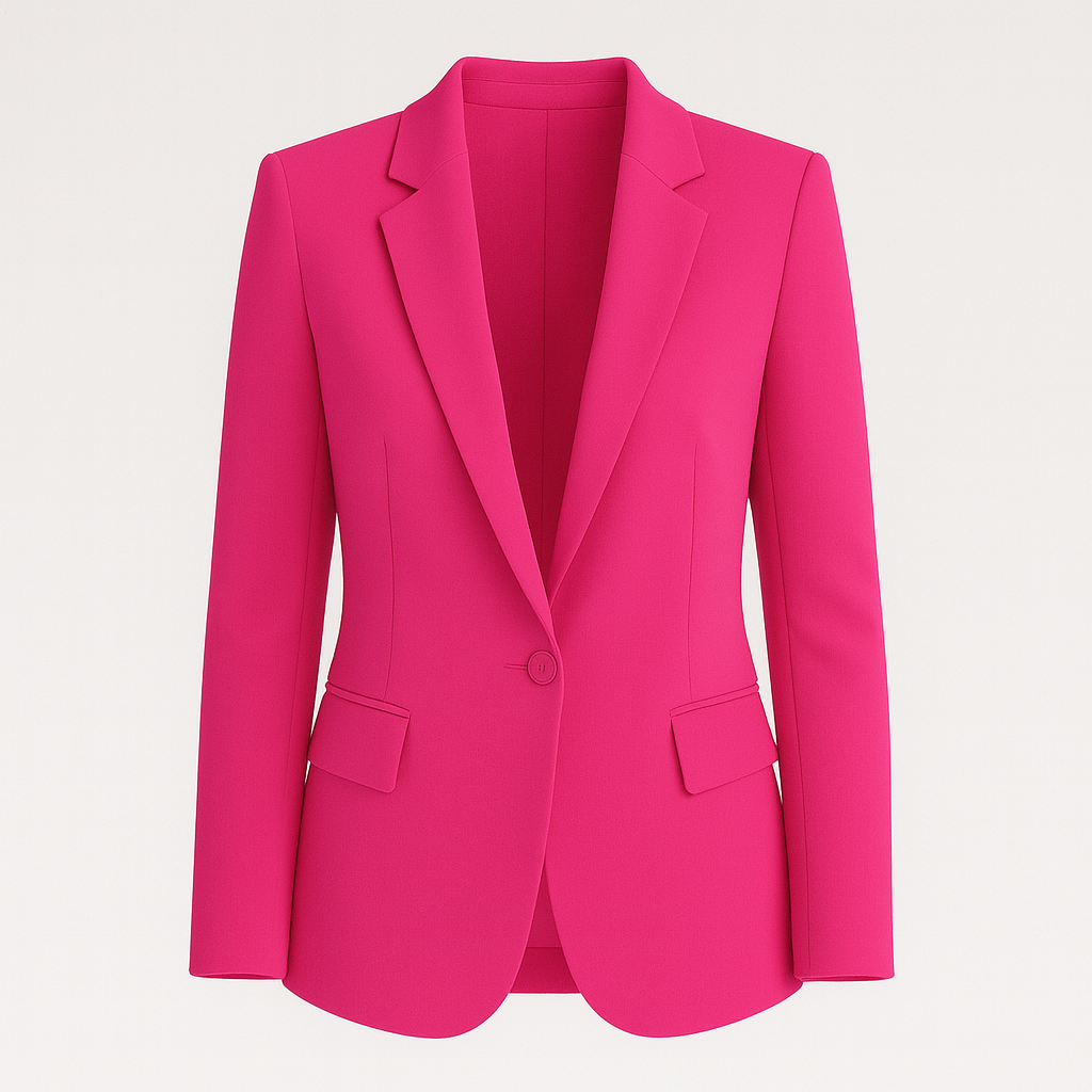 A tailored blazer with a single-button closure, notched lapels, and flap pockets on both sides. The blazer has a structured silhouette and a classic, elegant design.