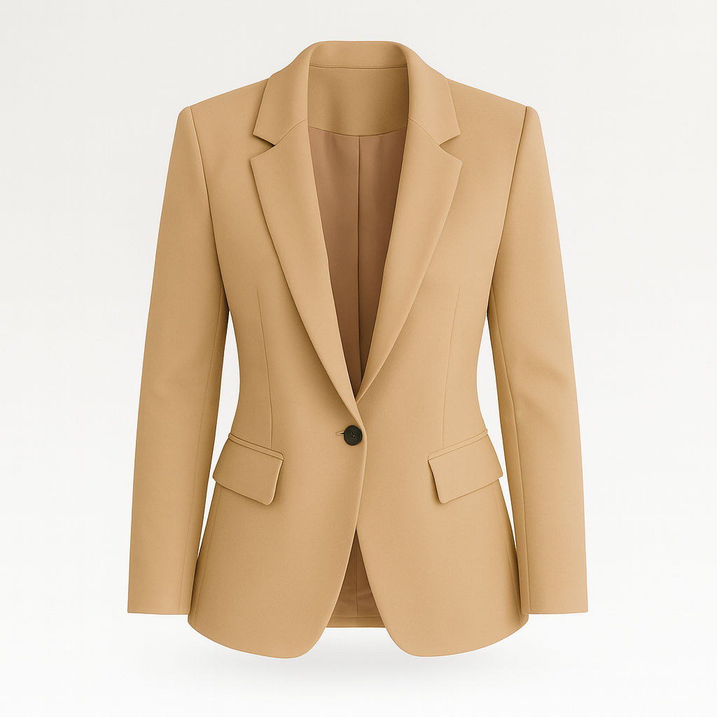 A tailored blazer with a single-button closure, notched lapels, and flap pockets on both sides. The blazer has a structured silhouette and a classic, elegant design.