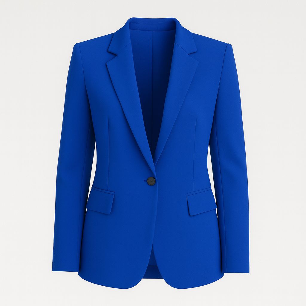 A tailored blazer with a single-button closure, notched lapels, and flap pockets on both sides. The blazer has a structured silhouette and a classic, elegant design.