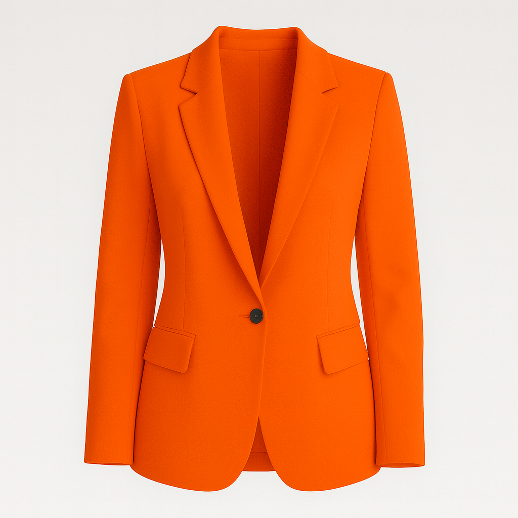 A tailored blazer with a single-button closure, notched lapels, and flap pockets on both sides. The blazer has a structured silhouette and a classic, elegant design.