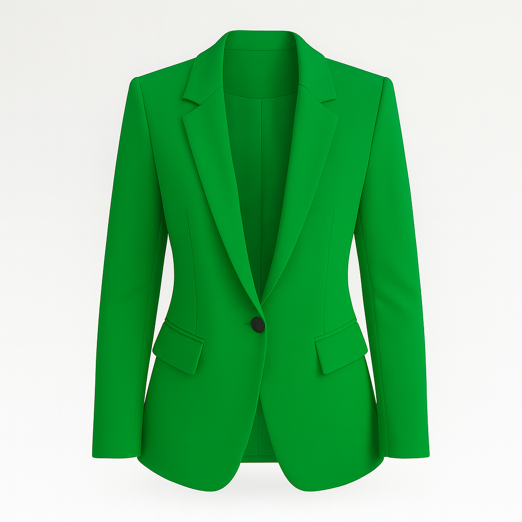 A tailored blazer with a single-button closure, notched lapels, and flap pockets on both sides. The blazer has a structured silhouette and a classic, elegant design.