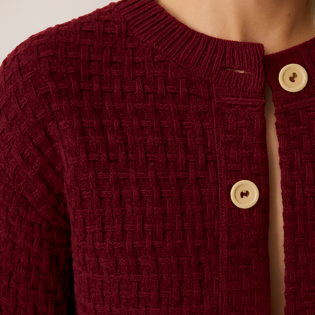 A burgundy textured knit cardigan with large wooden buttons