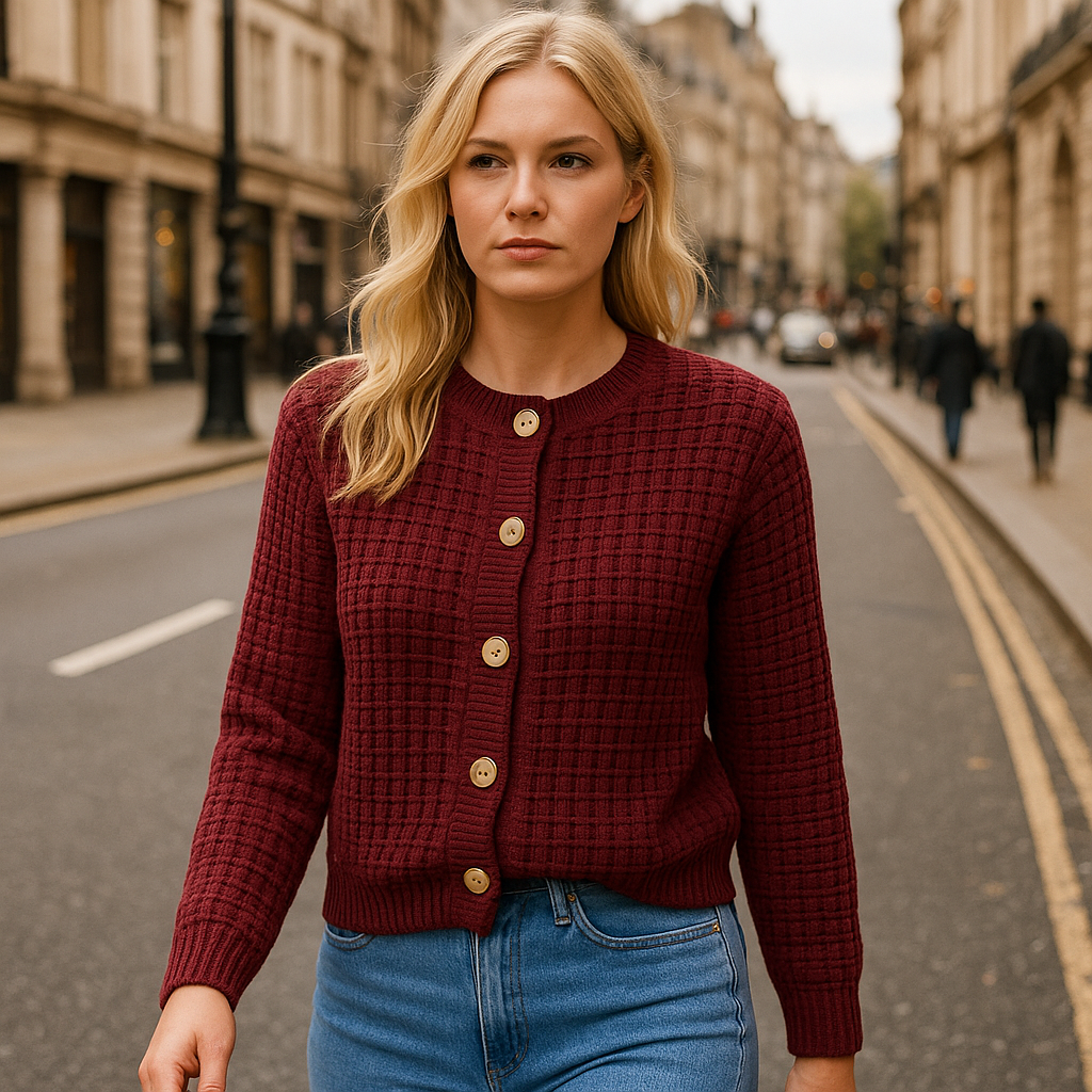 A burgundy textured knit cardigan with large wooden buttons