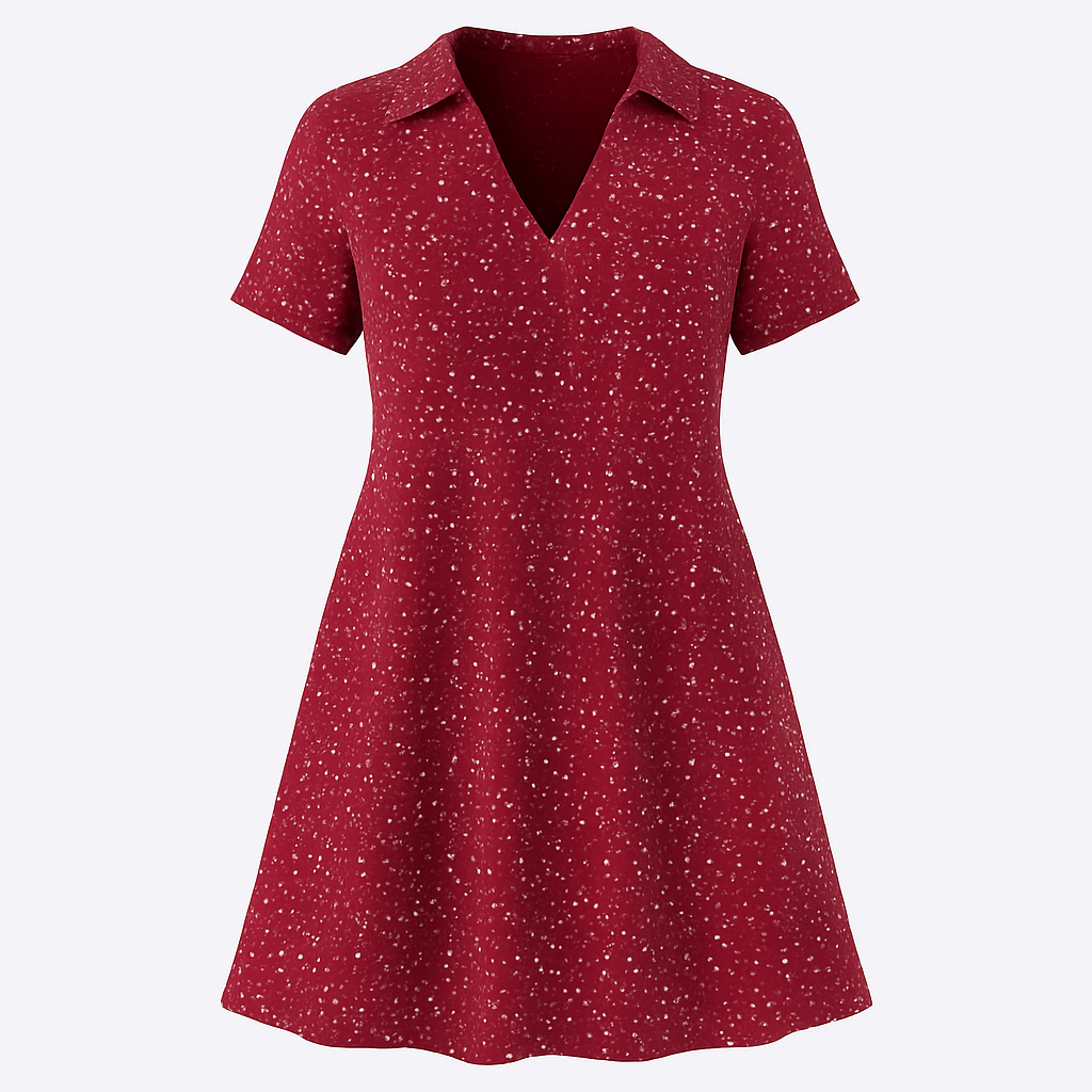 A short-sleeve, above-knee dress with a collared neckline, V-shaped opening at the chest, and an all-over small dotted print.