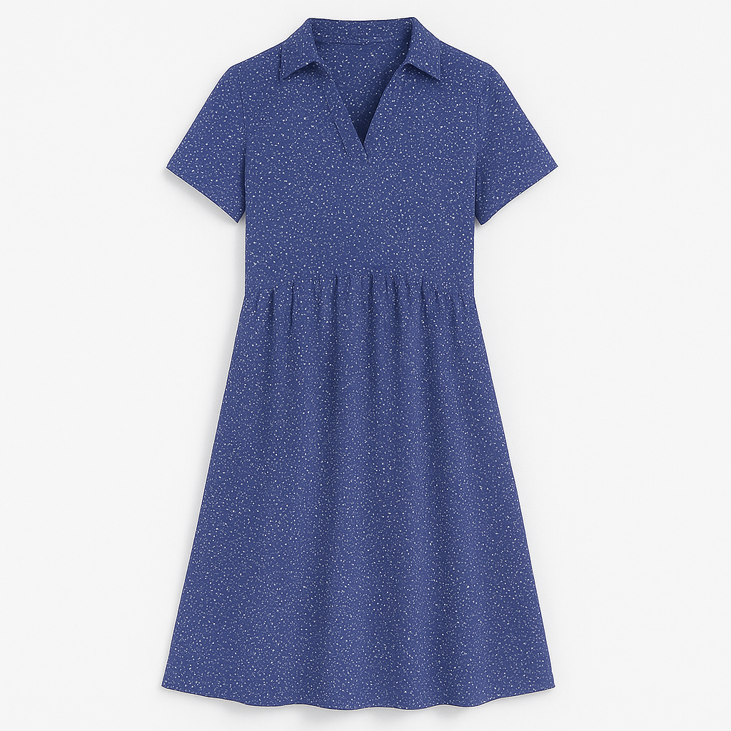 A short-sleeve, above-knee dress with a collared neckline, V-shaped opening at the chest, and an all-over small dotted print.