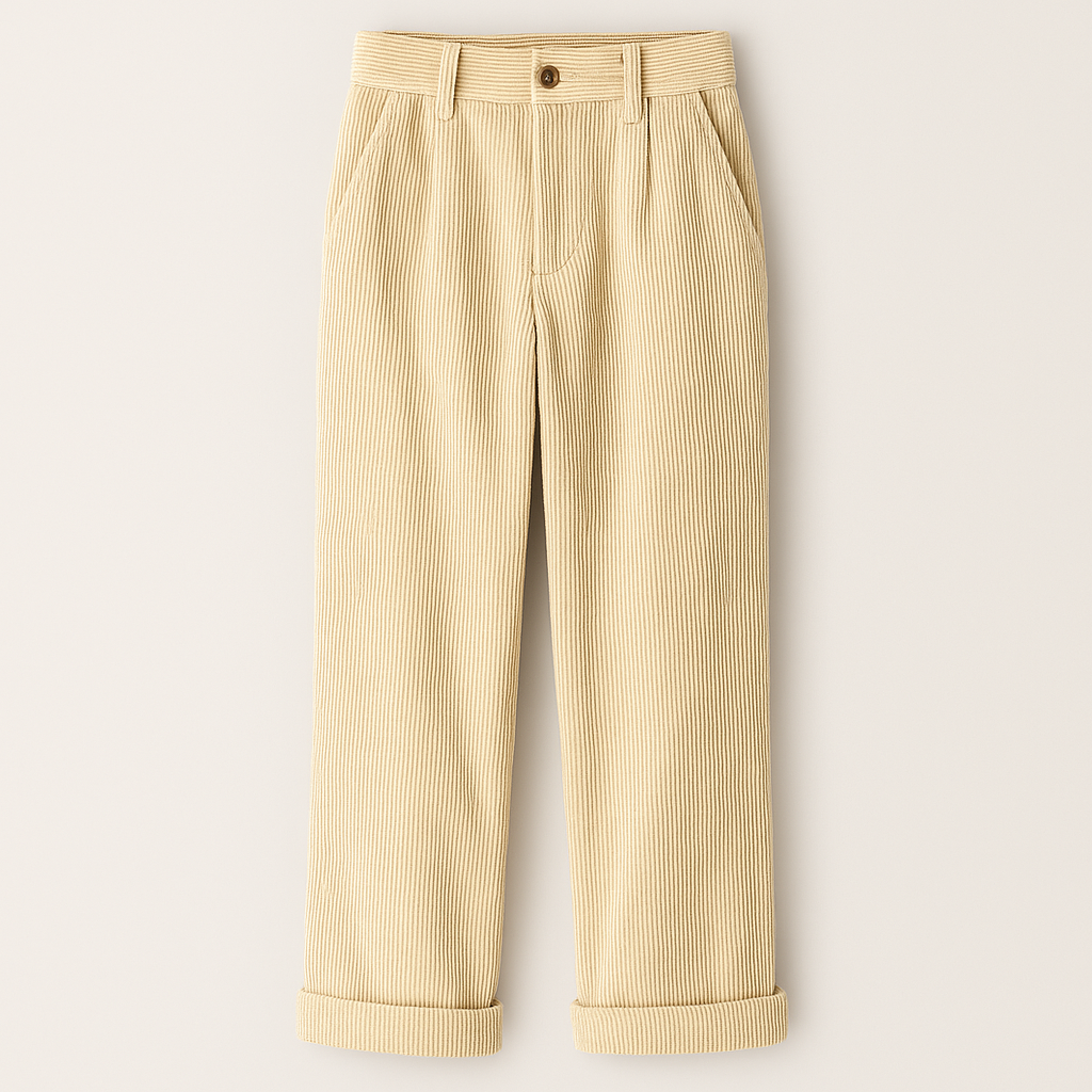 Straight-leg corduroy trousers with rolled cuffs, belt loops, side pockets, and button-front closure.