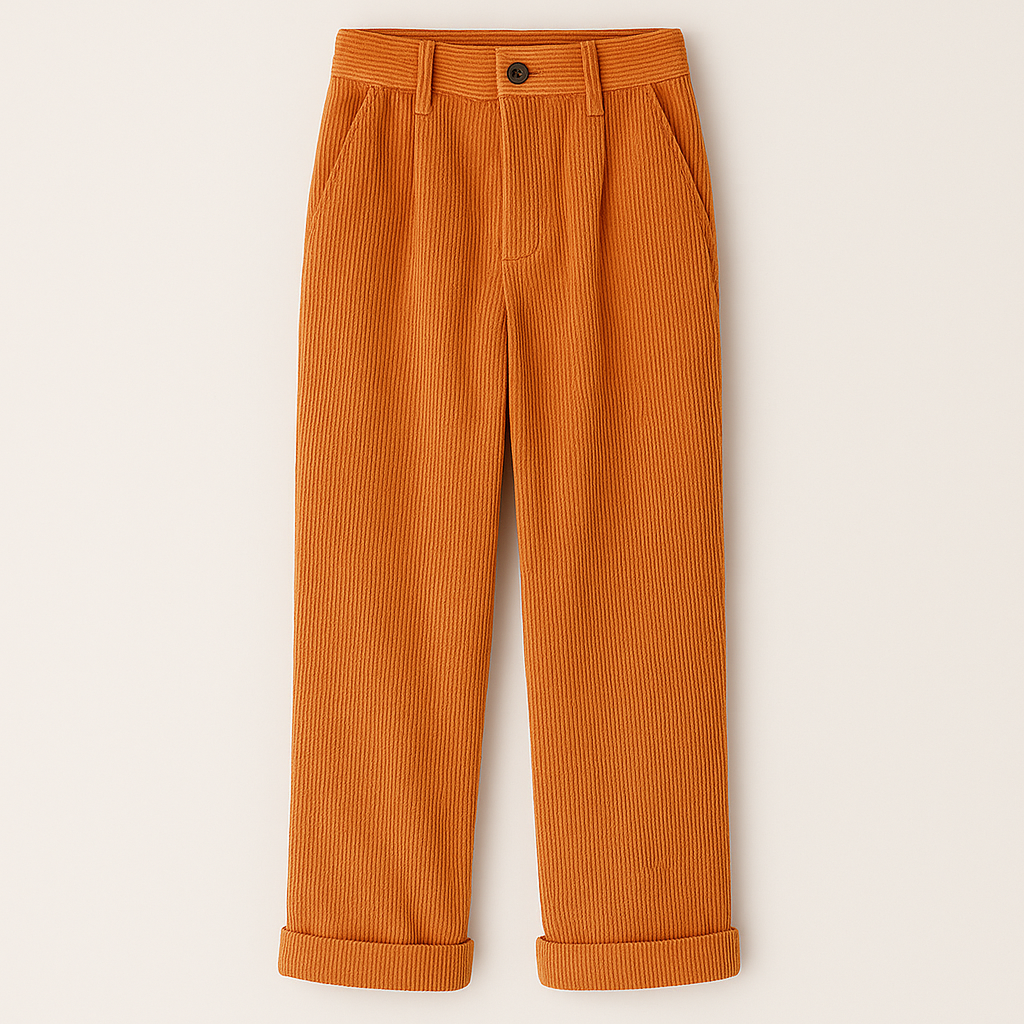 Straight-leg corduroy trousers with rolled cuffs, belt loops, side pockets, and button-front closure.
