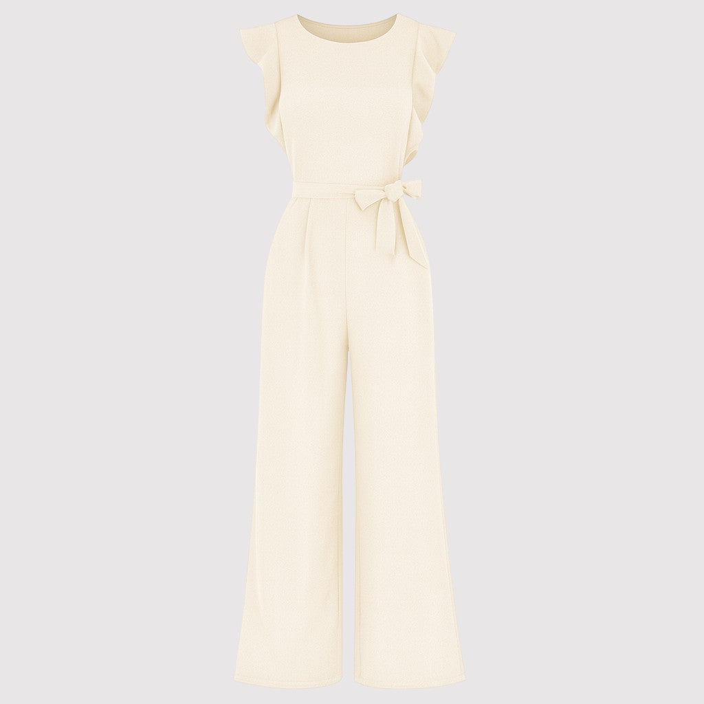 A sleeveless jumpsuit featuring ruffled shoulder details, a fitted waist with a matching fabric belt tied in a bow, and wide-leg pants for a chic and feminine silhouette.