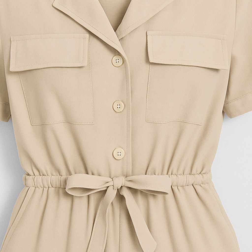 Utility jumpsuit with short sleeves, notched collar, button front, chest flap pockets, drawstring waist, and elastic cuffs at the ankles.