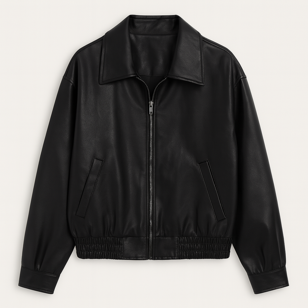 Front-zip leather jacket with a wide collar, side slit pockets, elastic hem, and cuffed sleeves.
