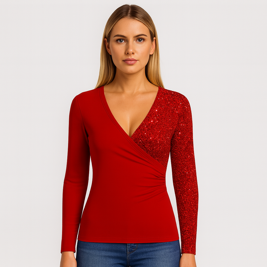 Fitted wrap-style top with deep V-neckline and sequined sleeve detail