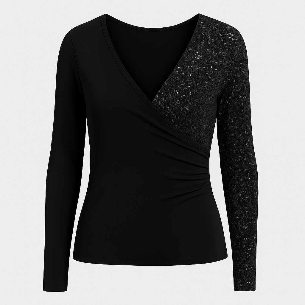 Fitted wrap-style top with deep V-neckline and sequined sleeve detail