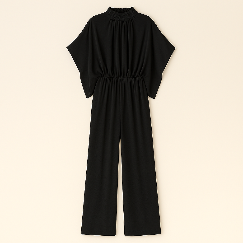 Wide-leg jumpsuit with high neckline, batwing sleeves, elastic waist, and flowing silhouette.