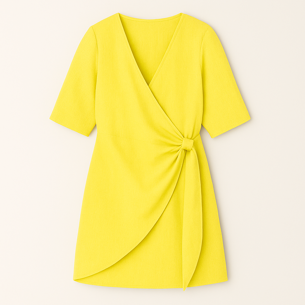 Sleeveless V-neck mini dress with vertical pleats and an asymmetrical hemline.