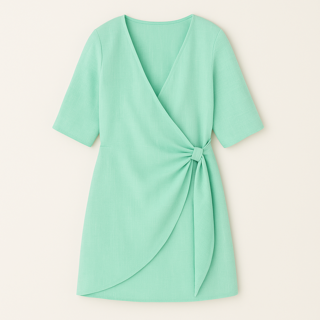 Sleeveless V-neck mini dress with vertical pleats and an asymmetrical hemline.