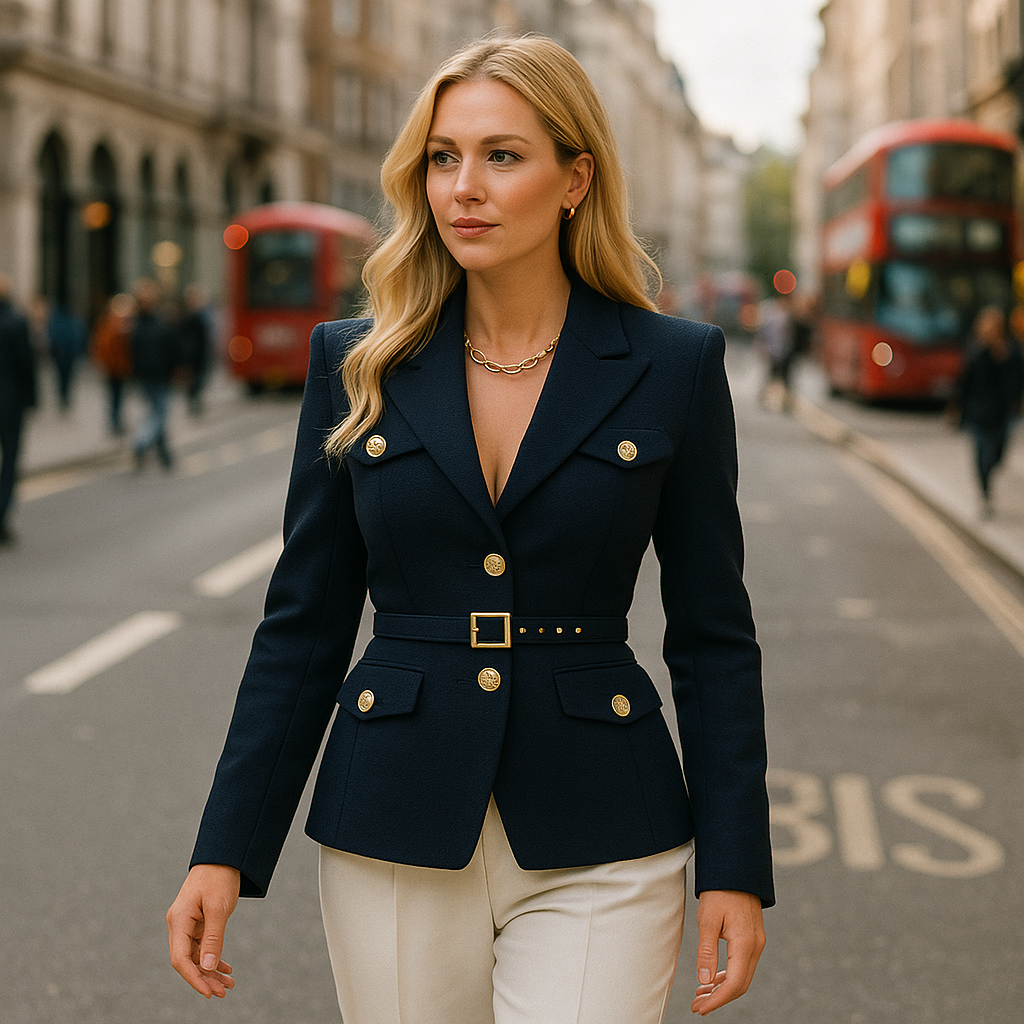 Tailored belted blazer with gold buttons and fitted waist